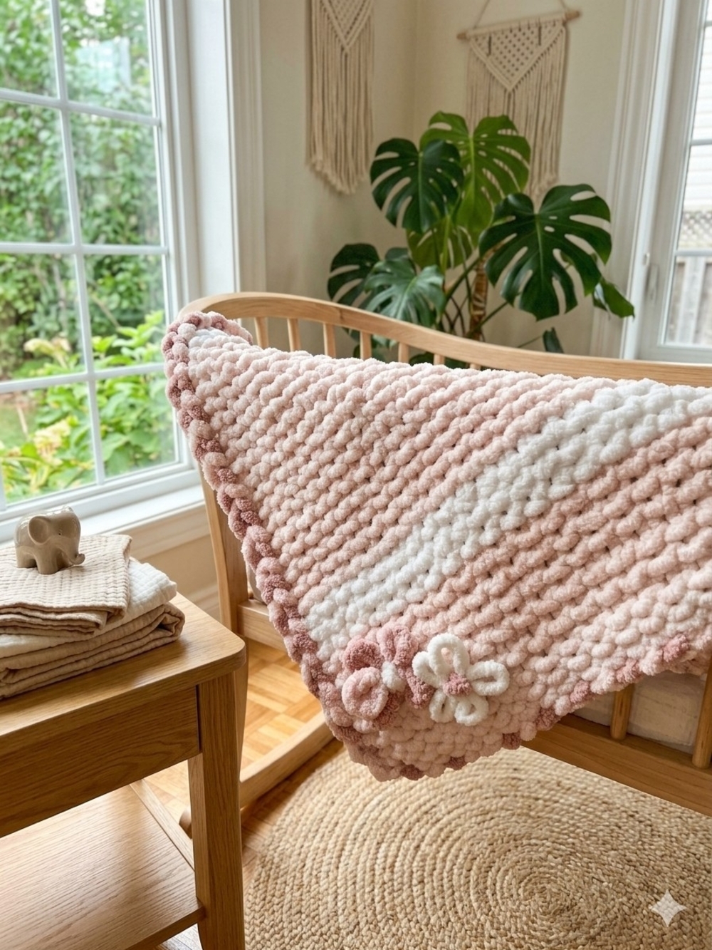Handmade Plush Baby Blanket - Soft Pink & White